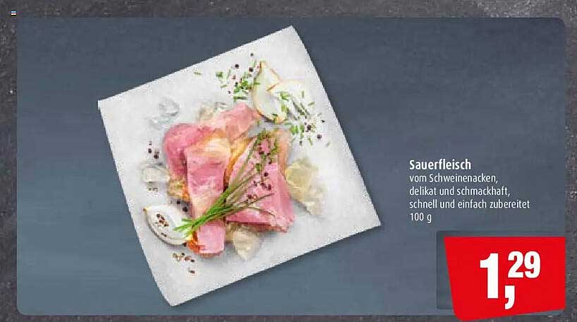 Sauerfleisch vom Schweinebacken, delikat und schmackhaft, schnell und einfach zubereitet 100 g