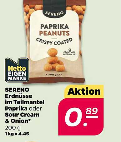 SERENO Erdnüsse im Teigmantel Paprika oder Sour Cream & Onion* 200 g 1 kg = 4.45