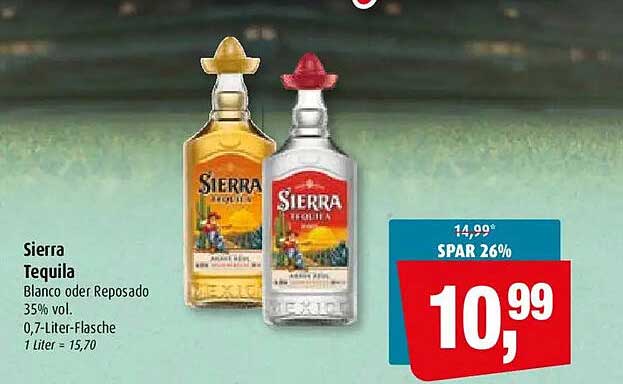 Sierra Tequila Blanco oder Reposado 35% vol. 0,7-Liter-Flasche 1 Liter = 15,70