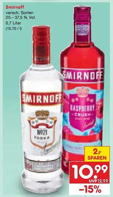 Smirnoff versch. Sorten 25 – 37,5 % Vol. 0,7 Liter (15,70 / l)
