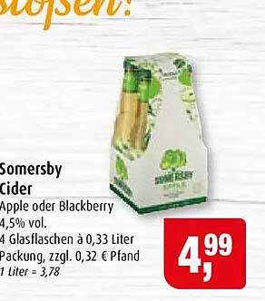 Somersby Cider Apple oder Blackberry 4,5% vol. 4 Glasflaschen à 0,33 Liter Packung, zzgl. 0,32 € Pfand 1 Liter = 3,78