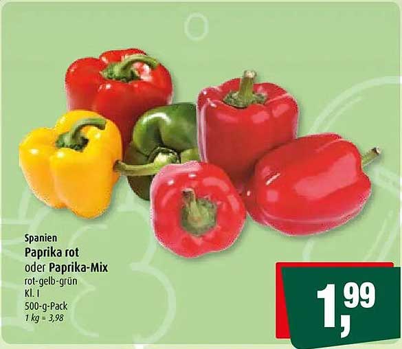Spanien Paprika rot oder Paprika-Mix rot-gelb-grün Kl. I 500-g-Pack 1 kg = 3,98