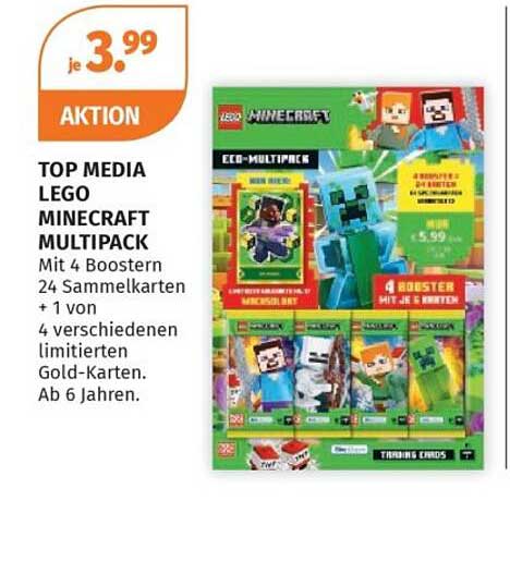 TOP MEDIA LEGO MINECRAFT MULTIPACK Mit 4 Boostern 24 Sammelkarten + 1 von 4 verschiedenen limitierten Gold-Karten. Ab 6 Jahren.