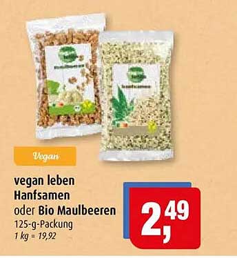 vegan leben Hanfsamen oder Bio Maulbeeren 125-g-Packung