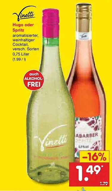 Vinetti Hugo oder Spritz aromatisierter, weinhaltiger Cocktail, versch. Sorten 0,75 Liter (1.99 / l)
