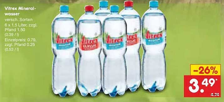 Vitrex Mineralwasser versch. Sorten 6 x 1,5 Liter, zzgl. Pfand 1,50 (0,39 / 1)