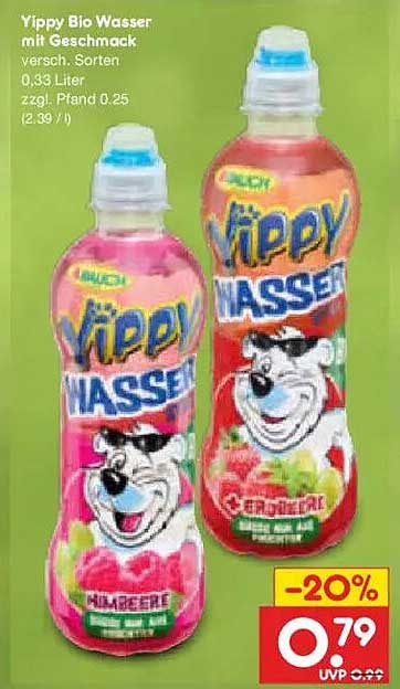 Yippy Bio Wasser mit Geschmack versch. Sorten 0,33 Liter 2,2l. Pfand 0,25 (2,39 / l)