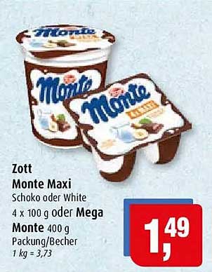 Zott Monte Maxi Schoko oder White 4 x 100 g oder Mega Monte 400 g Packung/Becher