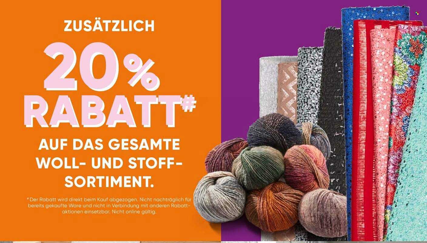 20% Rabatt auf das gesamte Woll- und Stoffsortiment