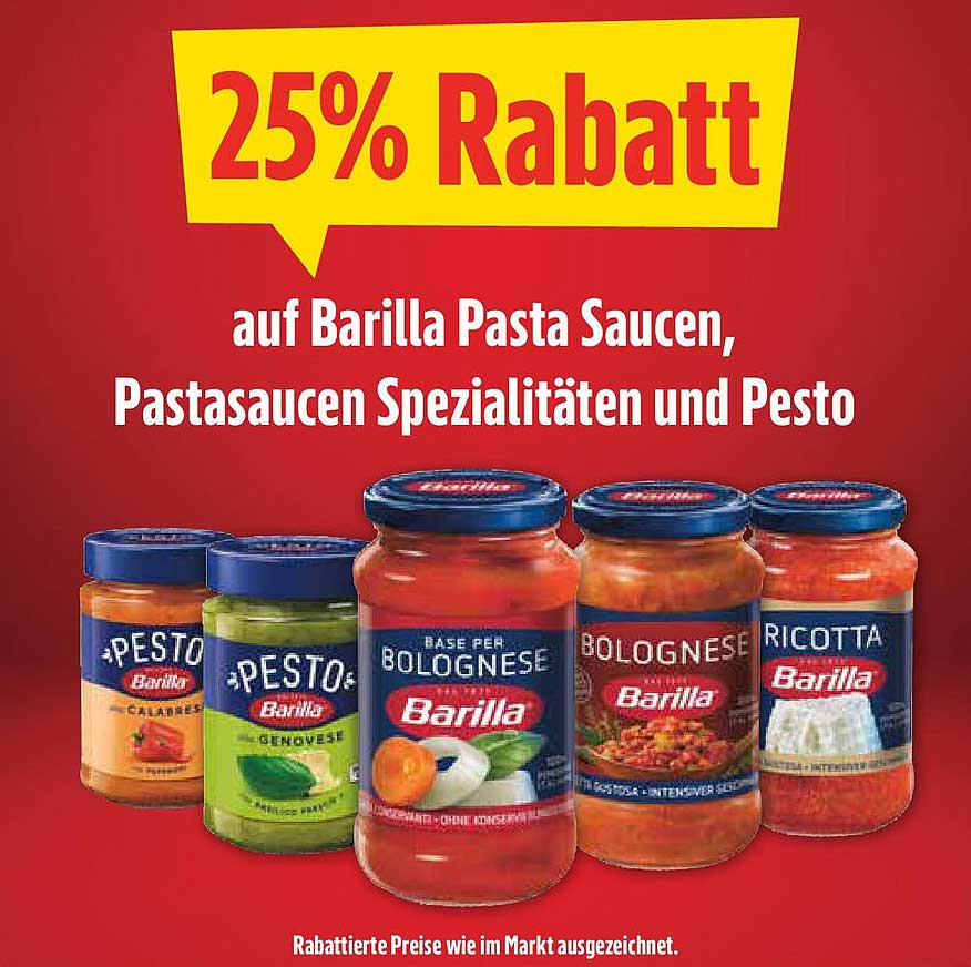 25% Rabatt auf Barilla Pasta Saucen, Pastasaucen Spezialitäten und Pesto