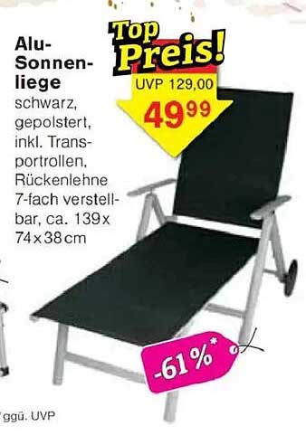 Alu-Sonnenliege schwarz, gepolstert, inkl. Transportrollen, Rückenlehne 7-fach verstellbar