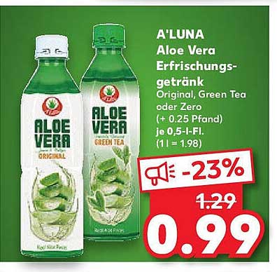A'LUNA Aloe Vera Erfrischungsgetränk Original, Green Tea oder Zero
