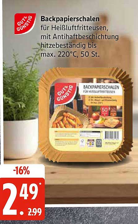 Backpapier-Schalen für Heißluftfritteusen, mit Antihaftebeschichtung, hitzebeständig bis max. 220°C, 50 St.