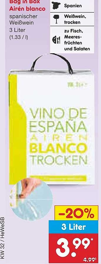 Bag in Box Airén blanco spanischer Weißwein 3 Liter