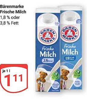 Bärenmarke Frische Milch 1,8 % oder 3,8 % Fett