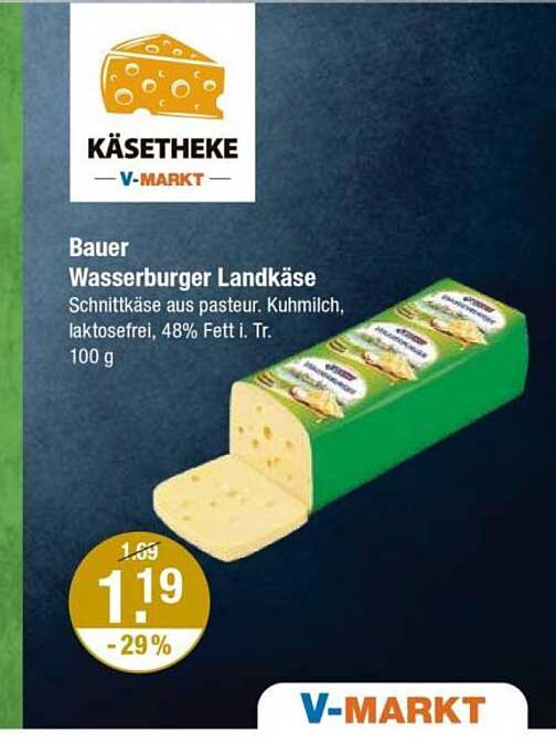 Bauer Wasserburger Landkäse - Schnittkäse aus pasteurierter Kuhmilch, laktosefrei, 48% Fett i. Tr.
