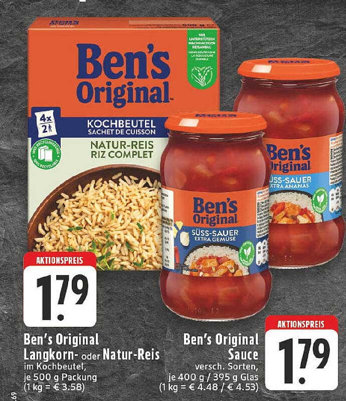 Ben's Original Langkorn- oder Natur-Reis im Kochbeutel, je 500 g Packung