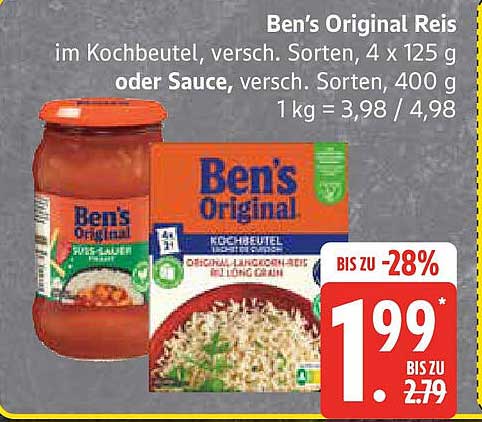 Ben's Original Reis im Kochbeutel, versch. Sorten, 4 x 125 g oder Sauce, versch. Sorten, 400 g