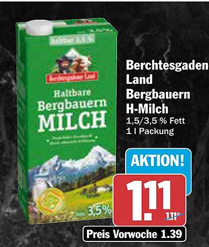 Berchtesgaden Land Bergbauern H-Milch 1,5/3,5 % Fett 1 L Packung