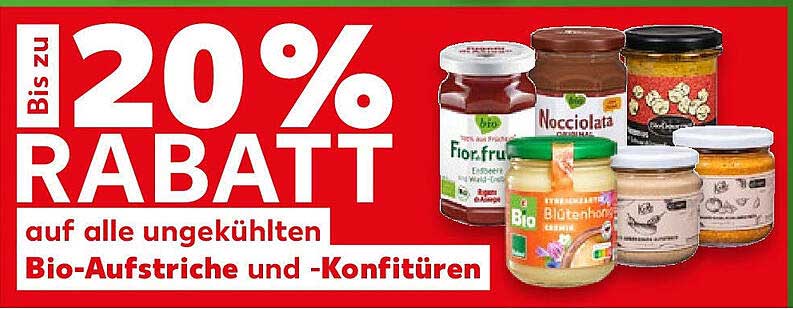 Bis zu 20% Rabatt auf alle ungekühlten Bio-Aufstriche und -Konfitüren