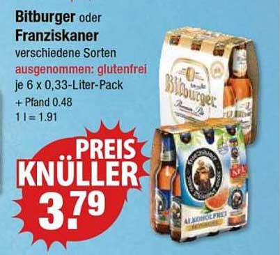 Bitburger oder Franziskaner 6 x 0,33-Liter-Pack