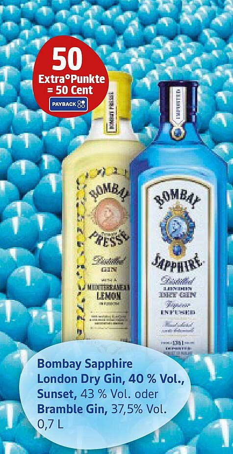 Bombay Sapphire London Dry Gin, 40 % Vol., Sunset, 43 % Vol. oder Bramble Gin, 37,5 % Vol. 0,7 L