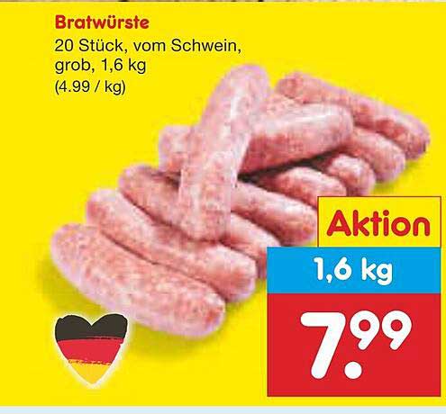 Bratwürste, 20 Stück, vom Schwein, grob, 1,6 kg