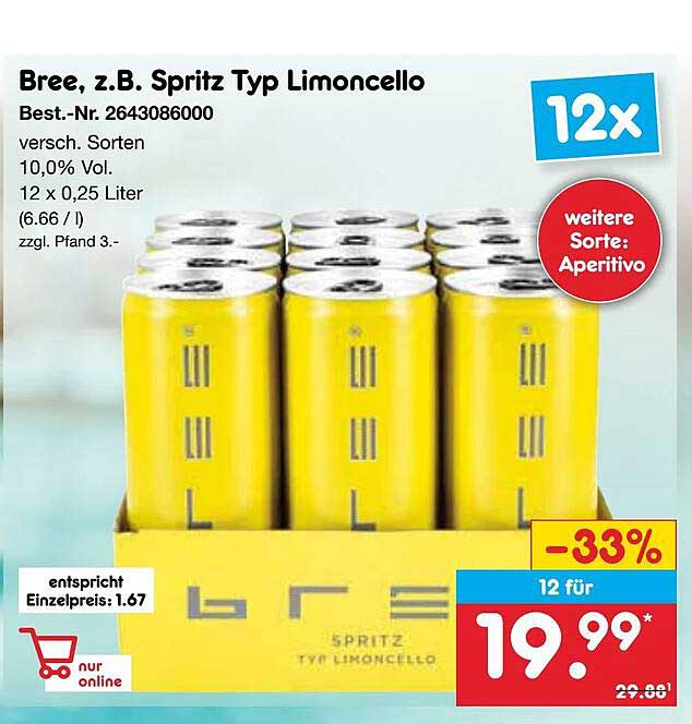 Bree, z.B. Spritz Typ Limoncello 12 x 0,25 Liter