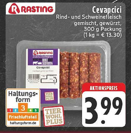 Cevapcici Rind- und Schweinefleisch gemischt, gewürzt, 300 g Packung