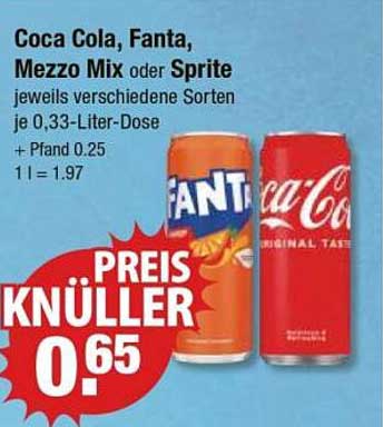 Coca Cola, Fanta, Mezzo Mix oder Sprite – 0,33-Liter-Dosen für nur 0,65 €