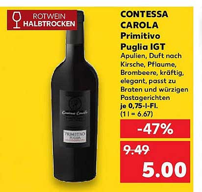 CONTESSA CAROLA Primitivo Puglia IGT - Halbtrocken Rotwein