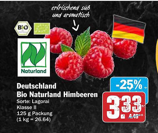 Deutschland Bio Naturland Himbeeren Sorte: Lagorai Klasse II 125 g Packung