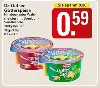 Dr. Oetker Götterspeise Himbeer oder Waldmeister mit Bourbon-Vanillesoße 160g Becher