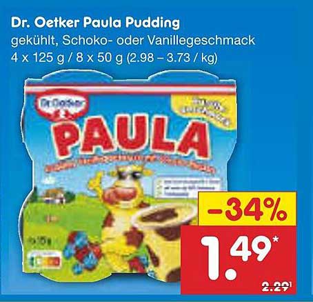 Dr. Oetker Paula Pudding, gekühlt, Schoko- oder Vanillegeschmack