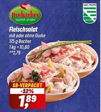 Drehacher Fleischsalat mit oder ohne Gurke 175 g Becher