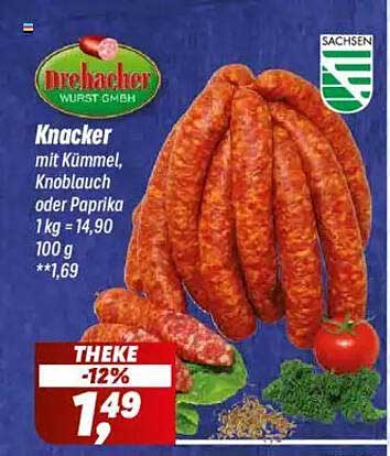 Drehacher Knacker mit Kümmel, Knoblauch oder Paprika
