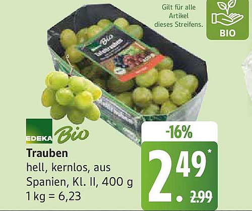 EDEKA Bio Trauben hell, kernlos aus Spanien, 400 g