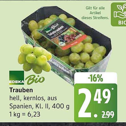EDEKA Bio Trauben hell, kernlos, aus Spanien, 400 g
