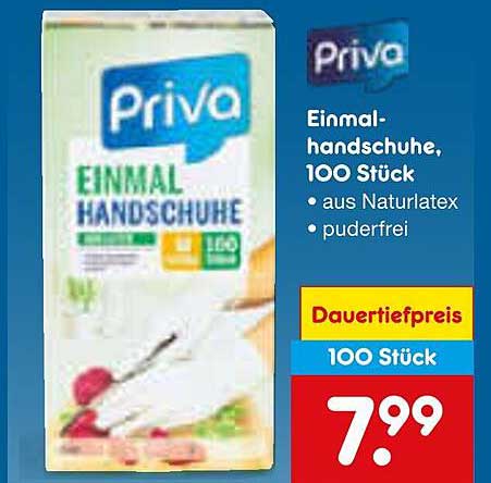 Einmalhandschuhe, 100 Stück von Priva - aus Naturlatex, puderfrei