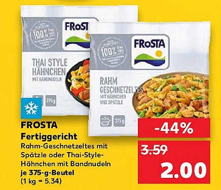 FROSTA Fertiggericht Rahm-Geschnetzeltes mit Spätzle oder Thai-Style-Hähnchen mit Bandnudeln je 375-g-Beutel