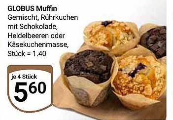 GLOBUS Muffin Gemischt, Rührkuchen mit Schokolade, Heidelbeeren oder Käsekuchenmasse