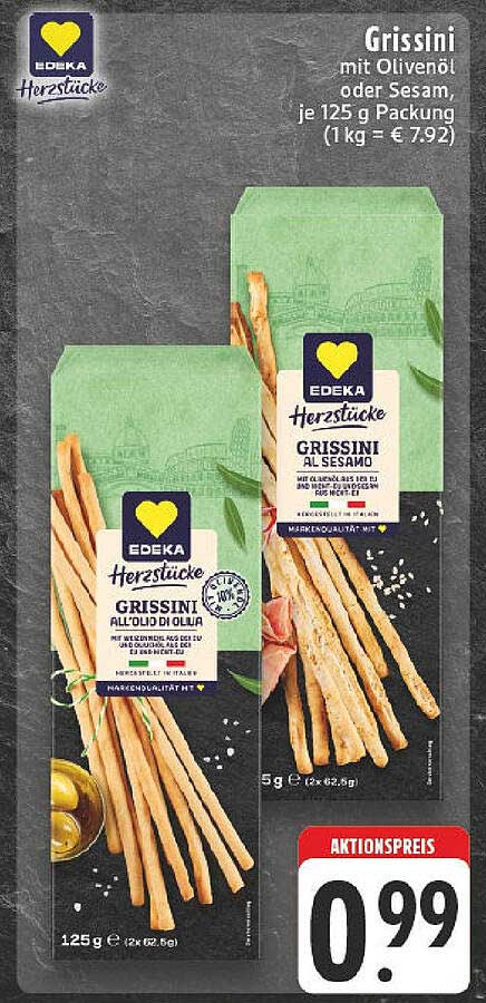 Grissini mit Olivenöl oder Sesam, je 125 g Packung