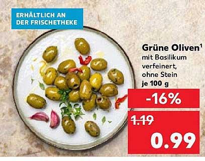 Grüne Oliven mit Basilikum verfeinert, ohne Stein je 100 g