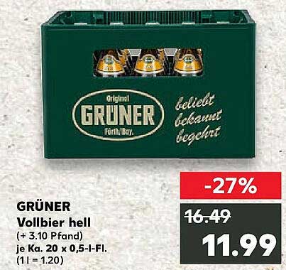 GRÜNER Vollbier hell je Ka. 20 x 0,5-I-Fl.