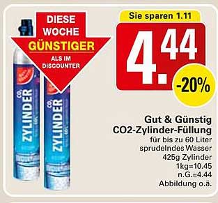 Gut & Günstig CO2-Zylinder-Füllung für bis zu 60 Liter sprudelndes Wasser