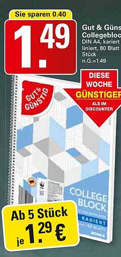 Gut & Günstig Collegeblock DIN A4, kariert, 80 Blatt