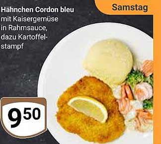 Hähnchen Cordon bleu mit Kaisergemüse in Rahmsauce, dazu Kartoffelstampf