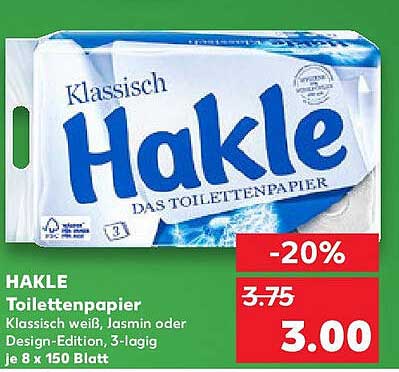 HAKLE Toilettenpapier - Klassisch weiß, Jasmin oder Design-Edition, 3-lagig