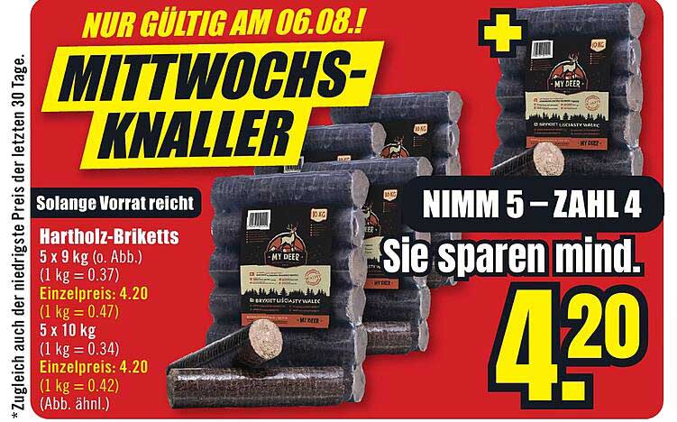 Hartholz-Briketts - 5 x 9 kg für nur 4,20 €