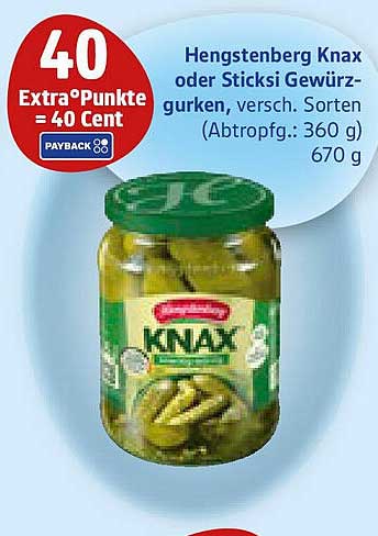 Hengstenberg Knax oder Sticksi Gewürzgurken, verschiedene Sorten (Abtropfgewicht: 360 g)